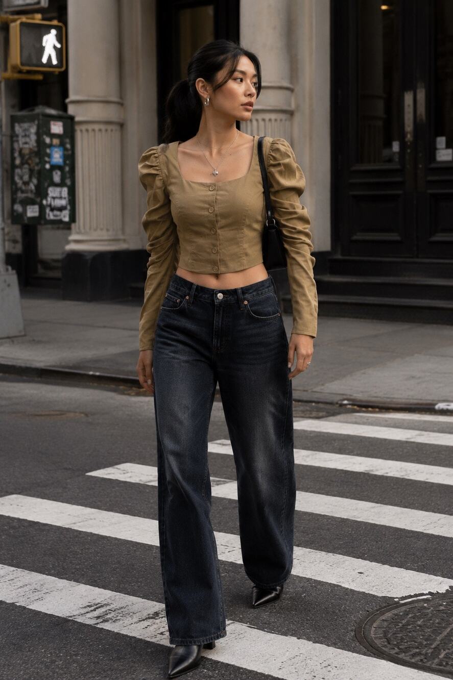 Revolve Lovers and Friends Crop Top Khaki Ruched Puff Sleeve Regencycore Small